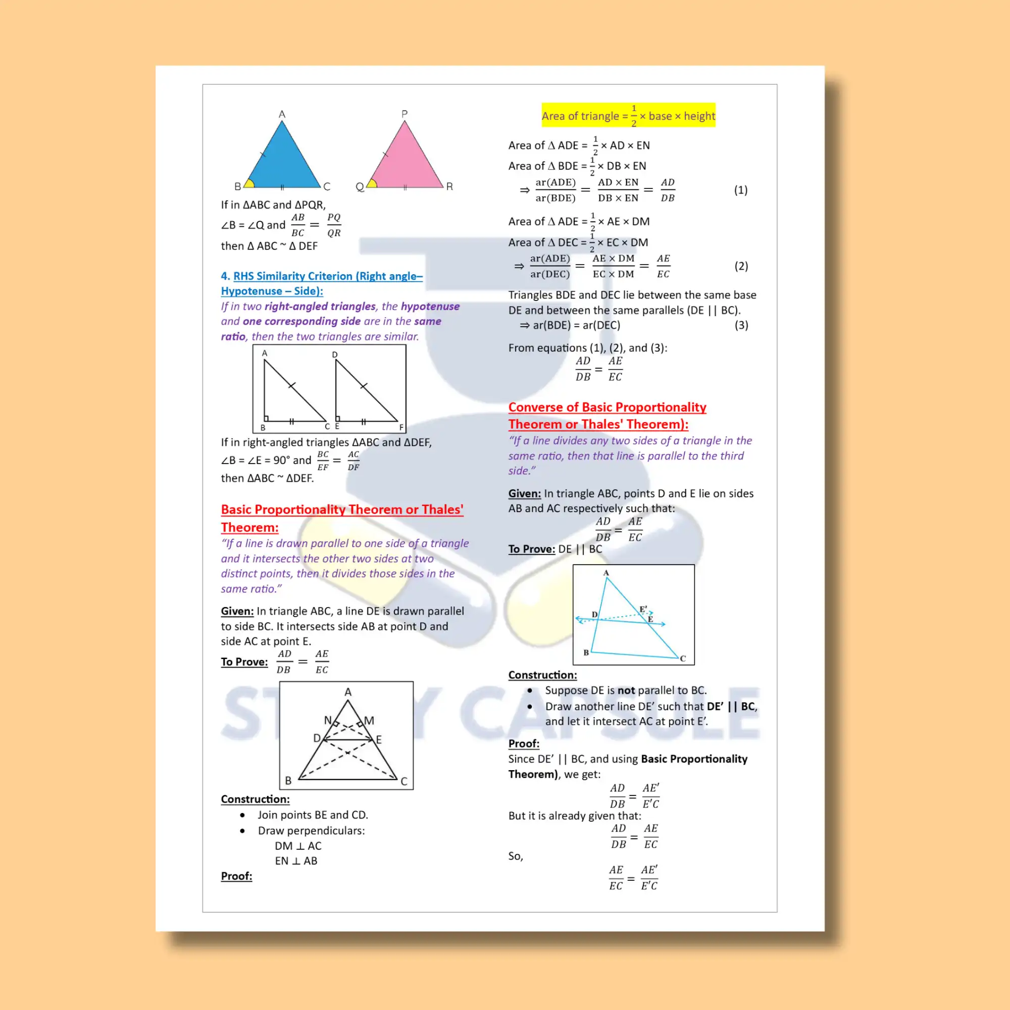 class 10 Thales Theorem explaination notes