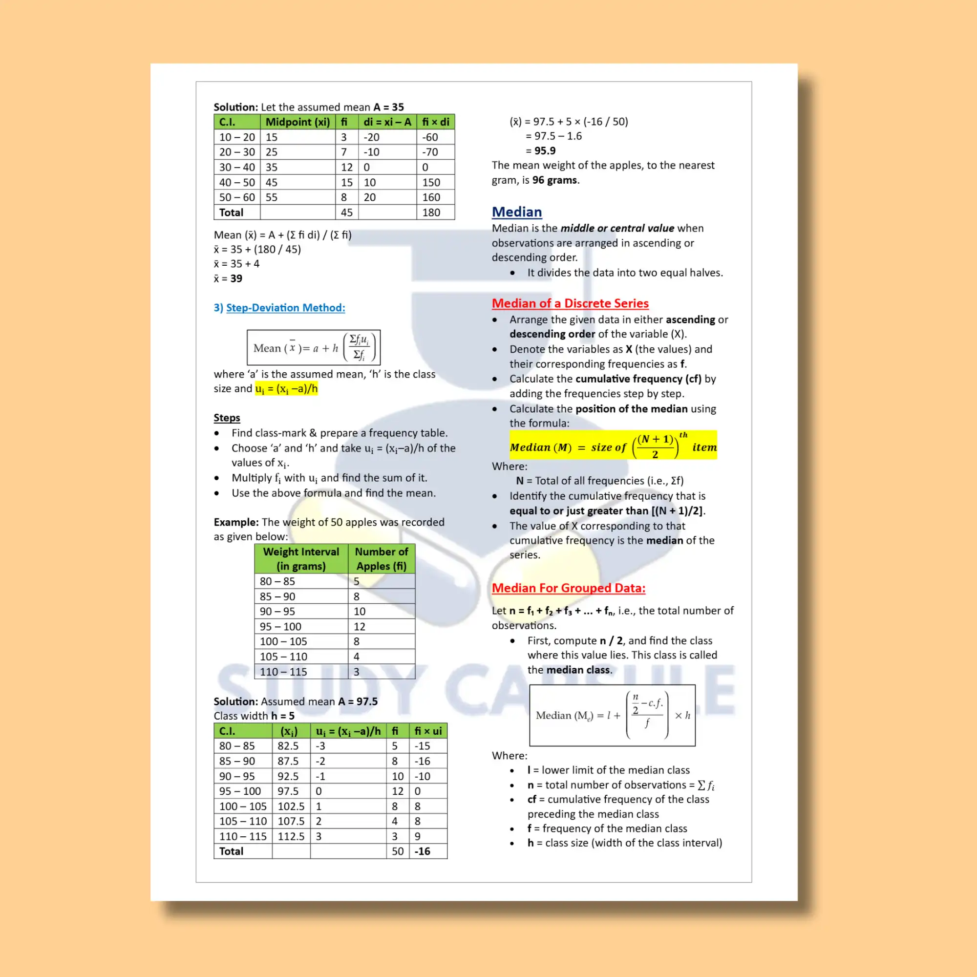 class 10 mean, median and mode formulas